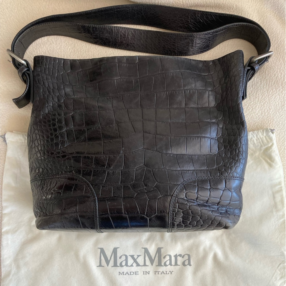 Max Mara Italian black leather bucket bag, croco embossed